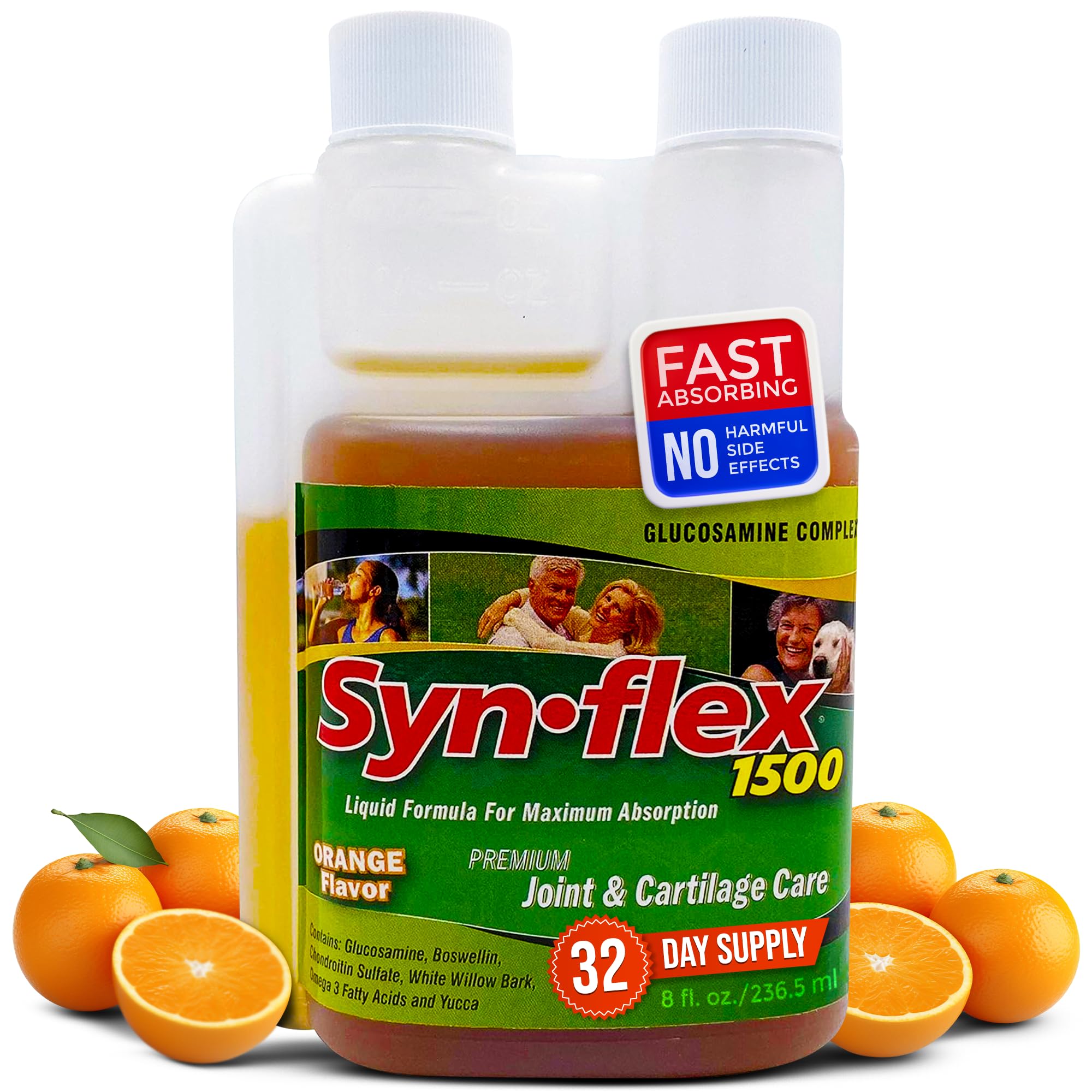 Bottle front label showing 1500mg glucosamine and 25mg chondroitin for orange flavor