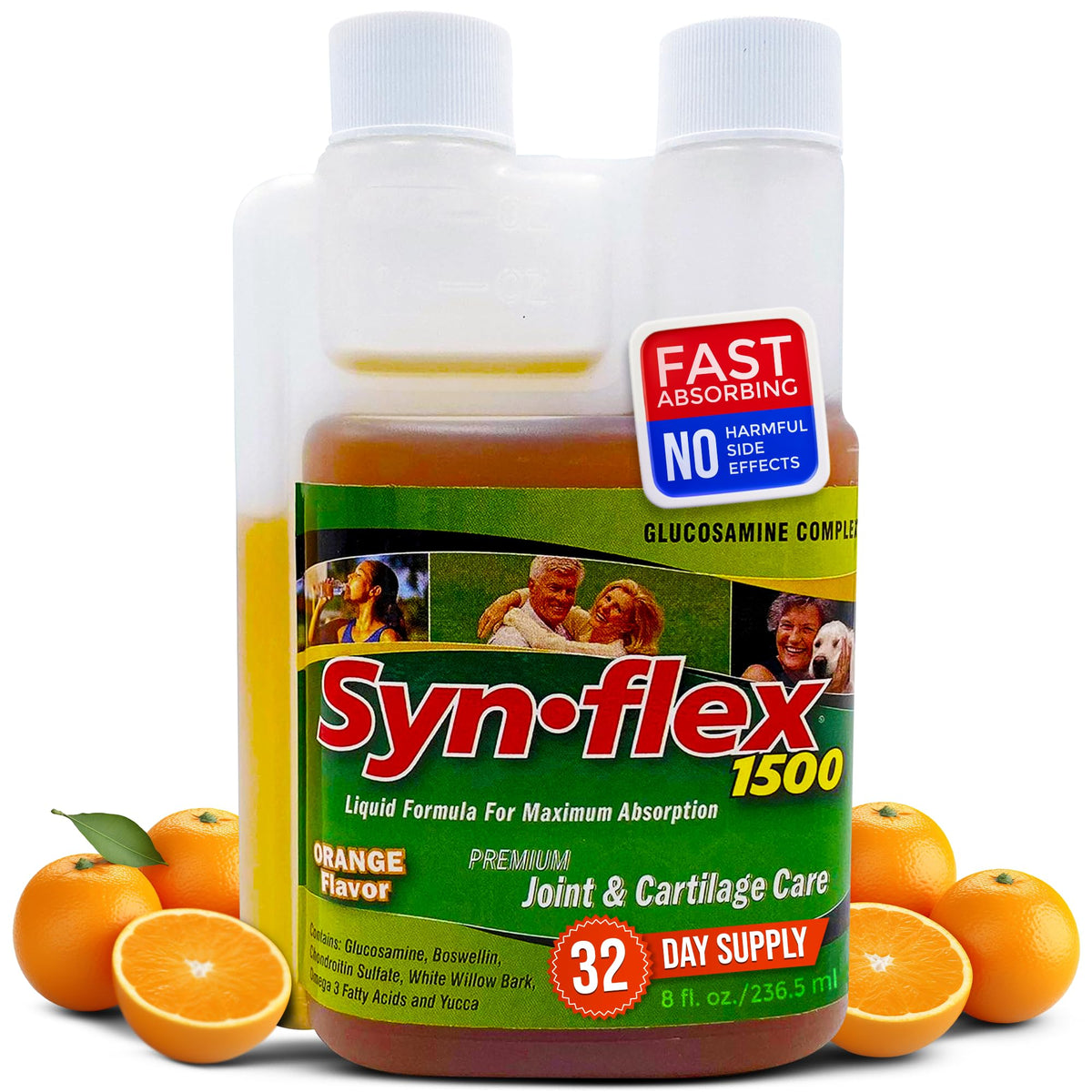 Bottle front label showing 1500mg glucosamine and 25mg chondroitin for orange flavor
