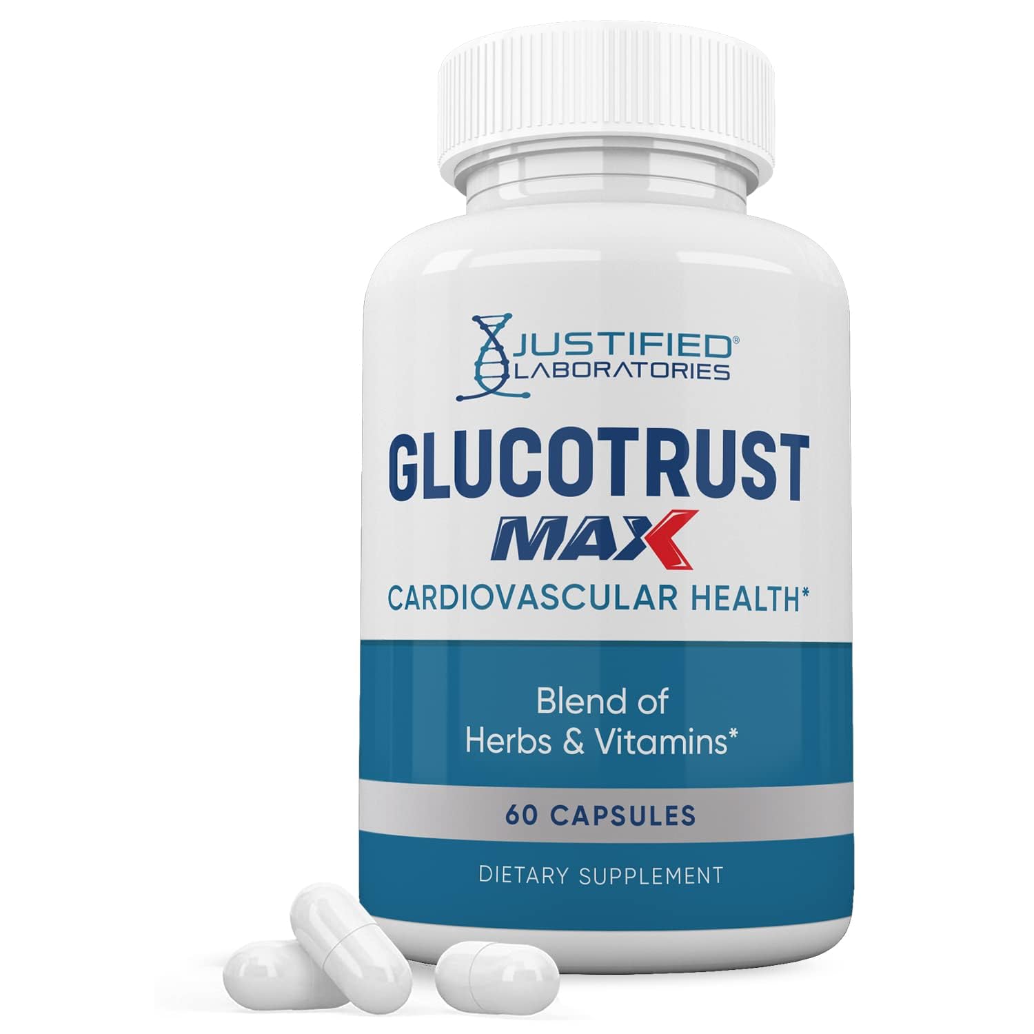 Front view of Justified Laboratories Glucotrust Max 1295MG bottle, 60 capsules