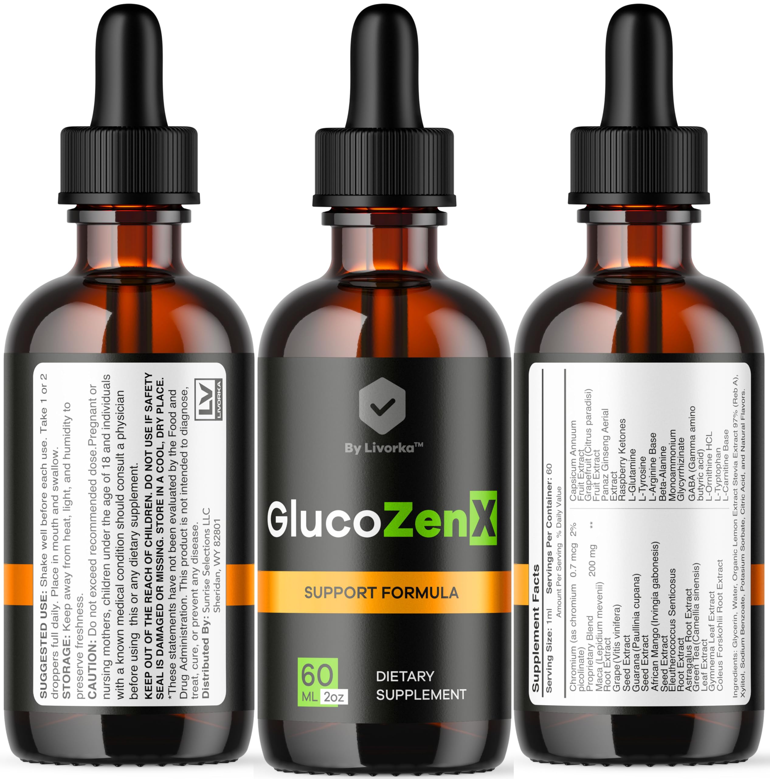 GlucoZenX Drops bottle beside a glass of water