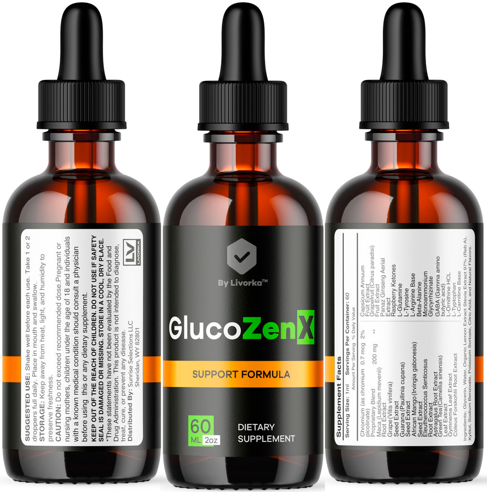 GlucoZenX Drops bottle beside a glass of water