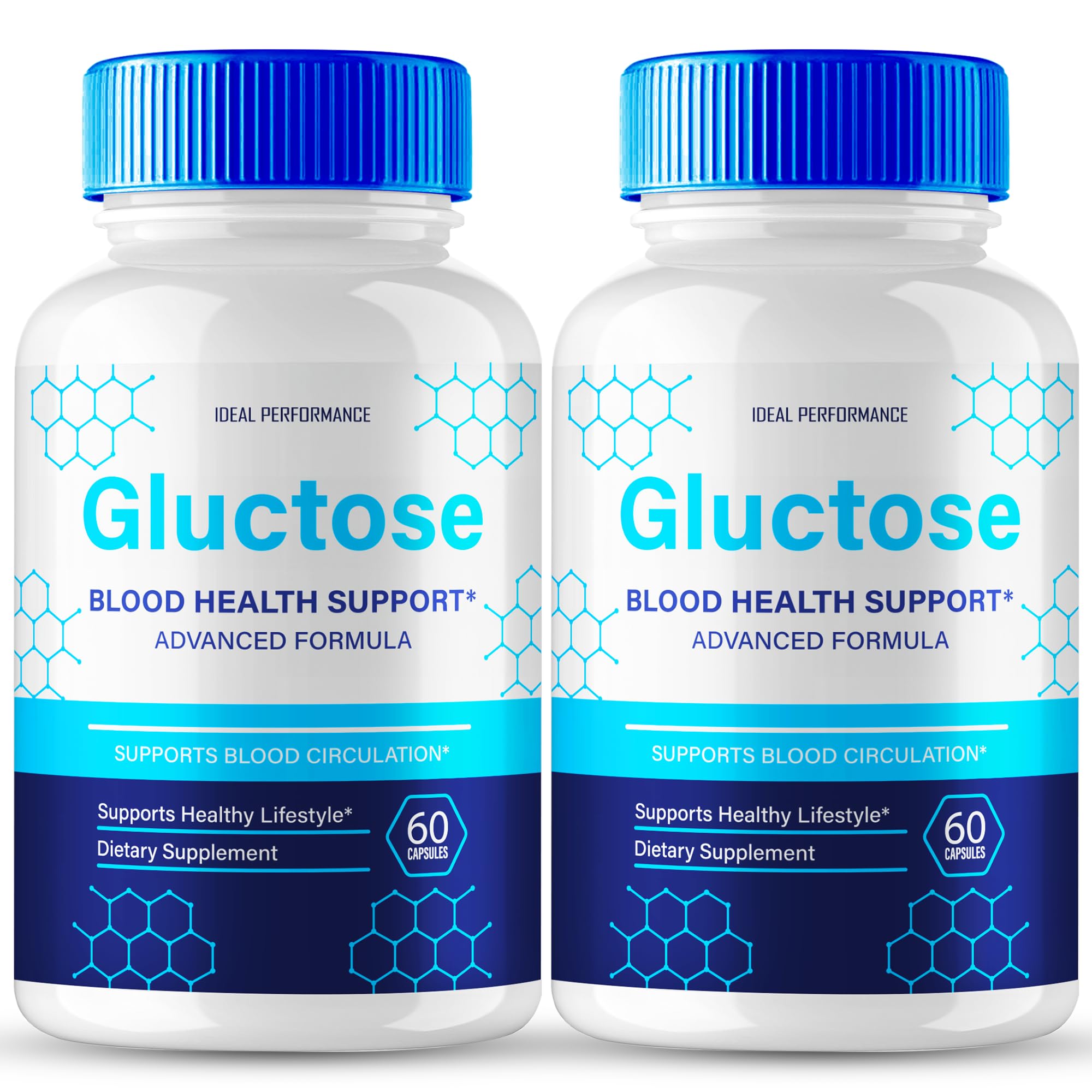 Bottle of Gluctose Advanced Blood Formula Capsules with label