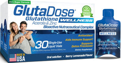 GlutaDose liquid glutathione lemon berry bottle for daily immunity support.