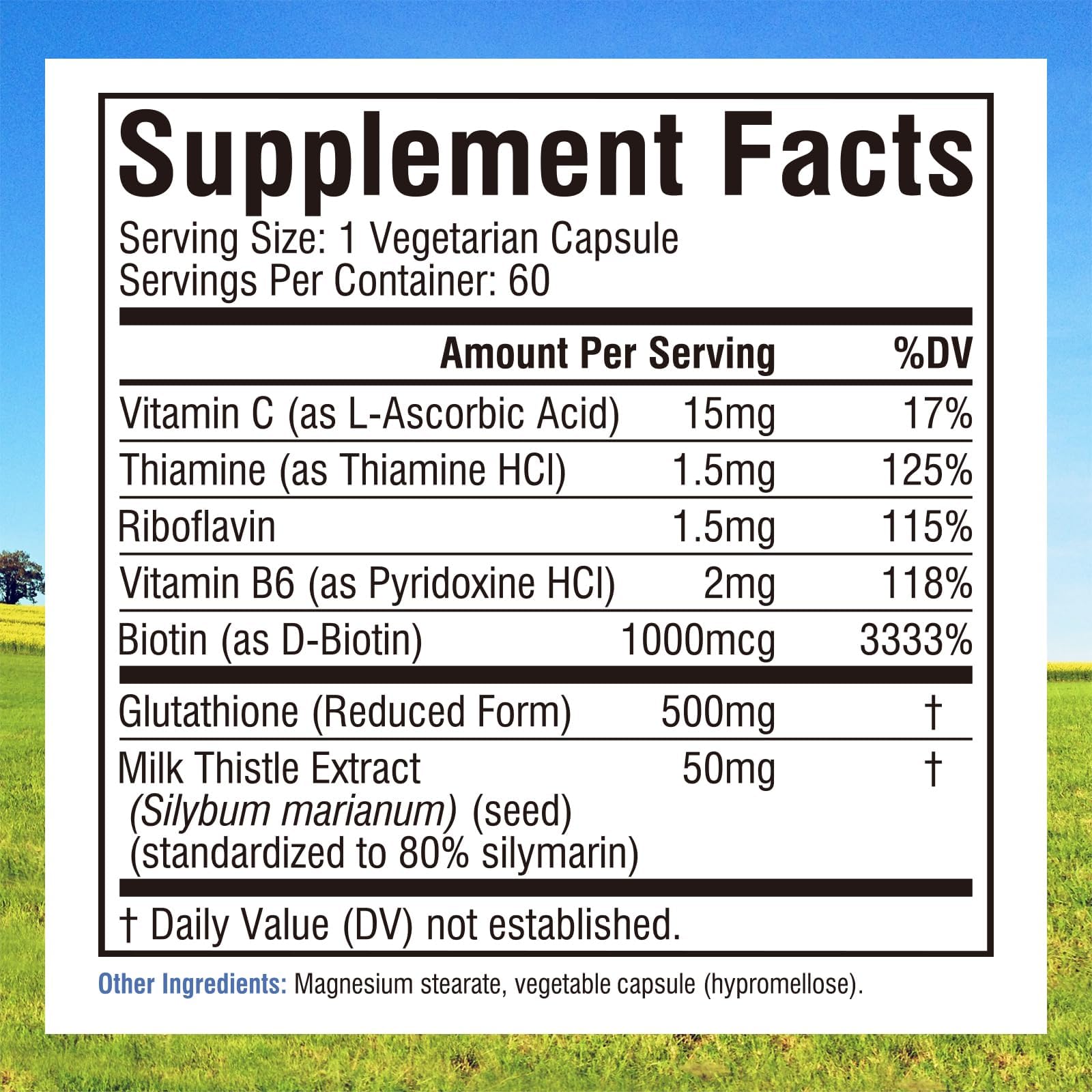 Glutathione with vitamin C, milk thistle and B vitamins ingredients