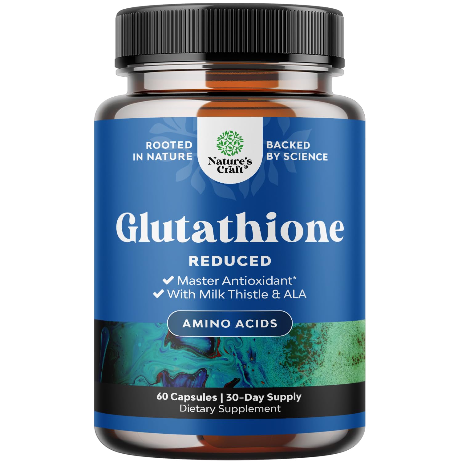 Reduced Glutathione with Milk Thistle bottle front—skin radiance support.