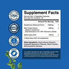 Glutathione-milk-thistle capsules close-up—1000mg per serving for antioxidant support.