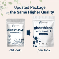 Nutrition facts showing Glutathione 500 mg per scoop with Inositol