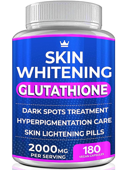 Front view of Glutathione Whitening Pills bottle with 180 capsules