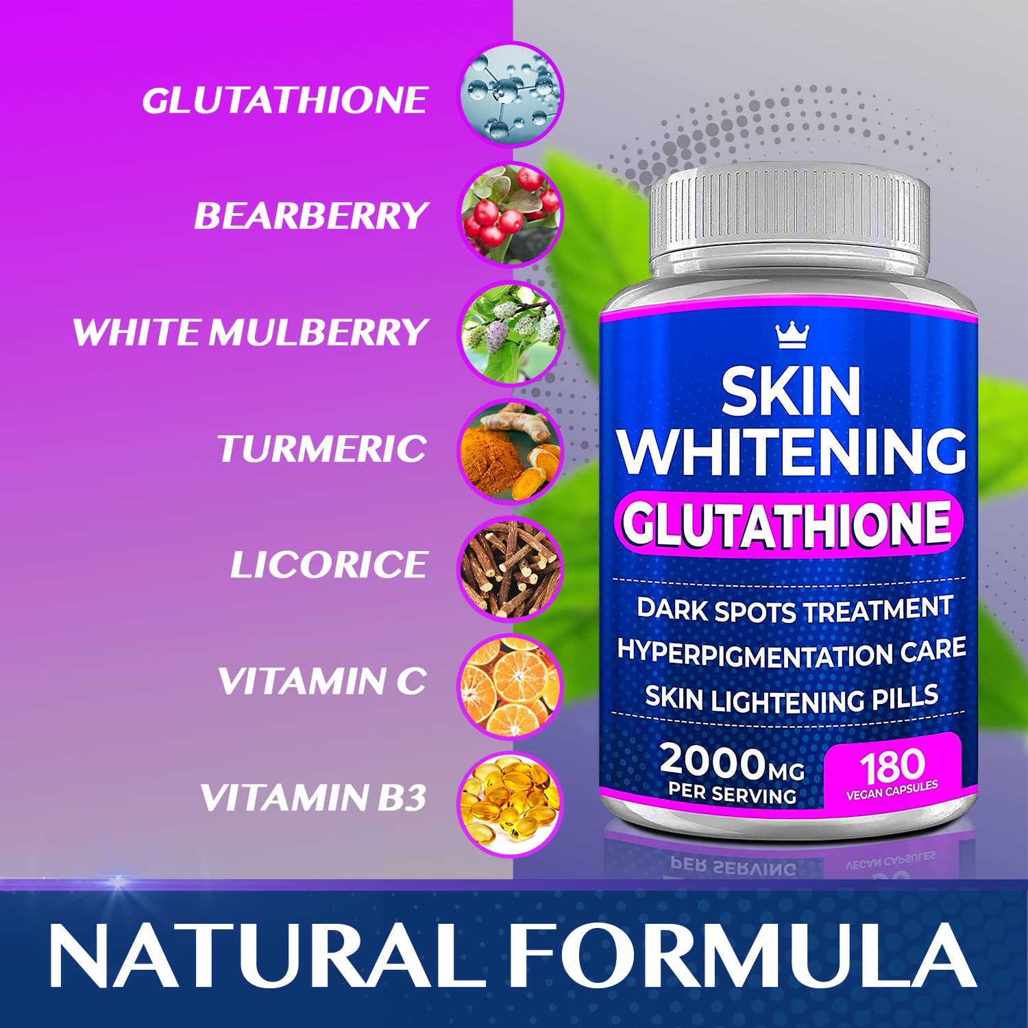 Glutathione Whitening Pills bottle with packaging and capsules
