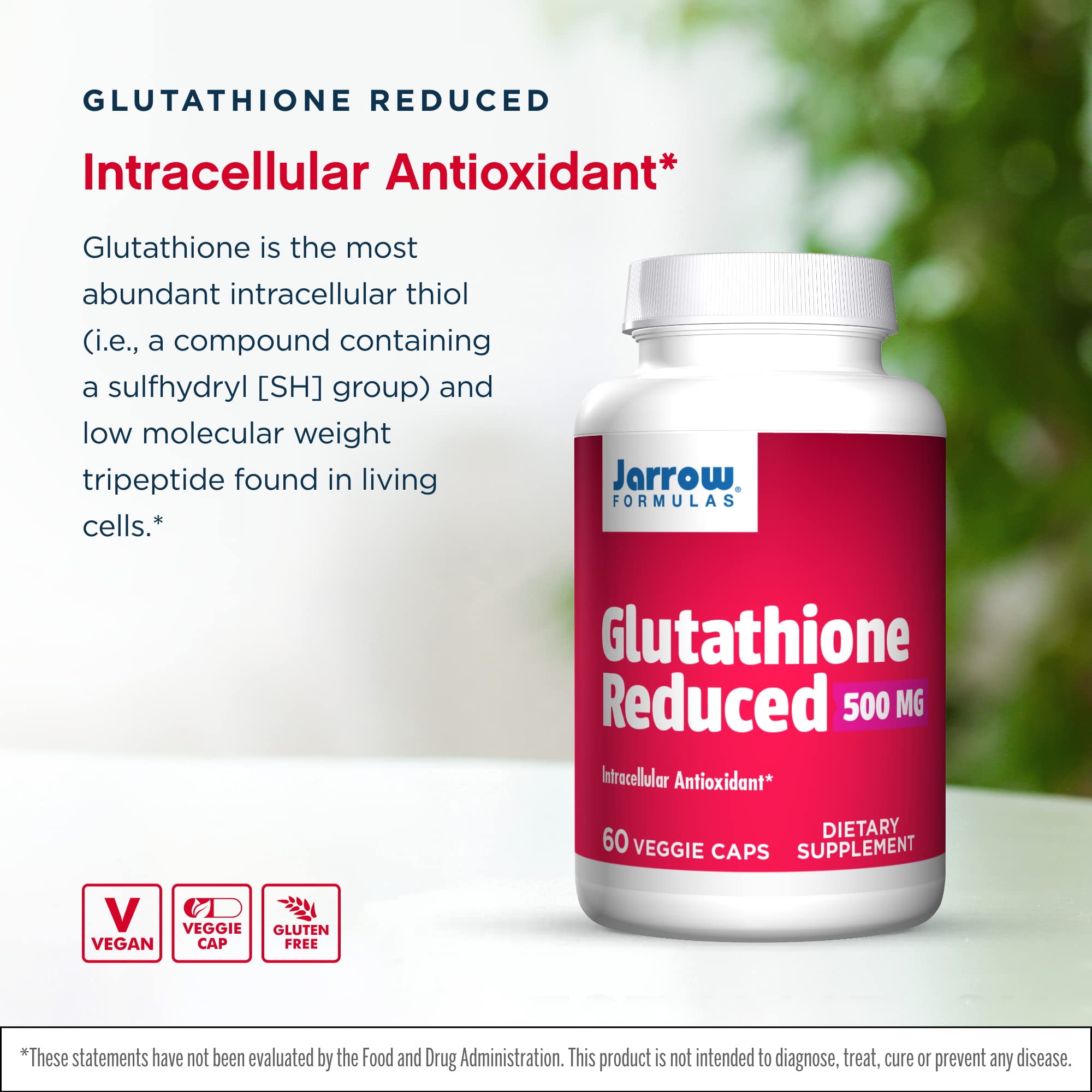 Bottle caps and label of Glutathione Reduced 500 mg 60 capsules