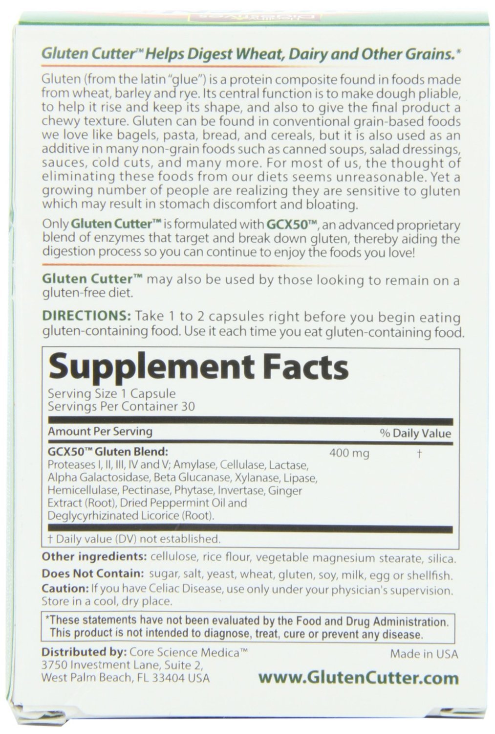 Gluten Cutter 30-capsule bottle is a convenient digestive aid before gluten-containing foods.