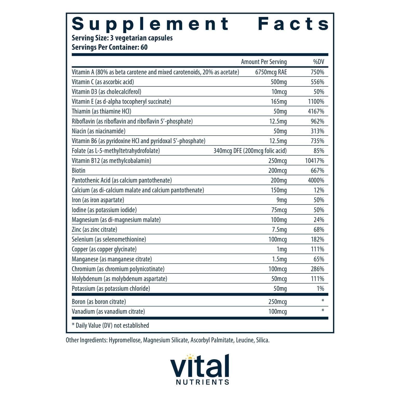 Gluten-free, dairy-free and soy-free label on Vital Nutrients bottle