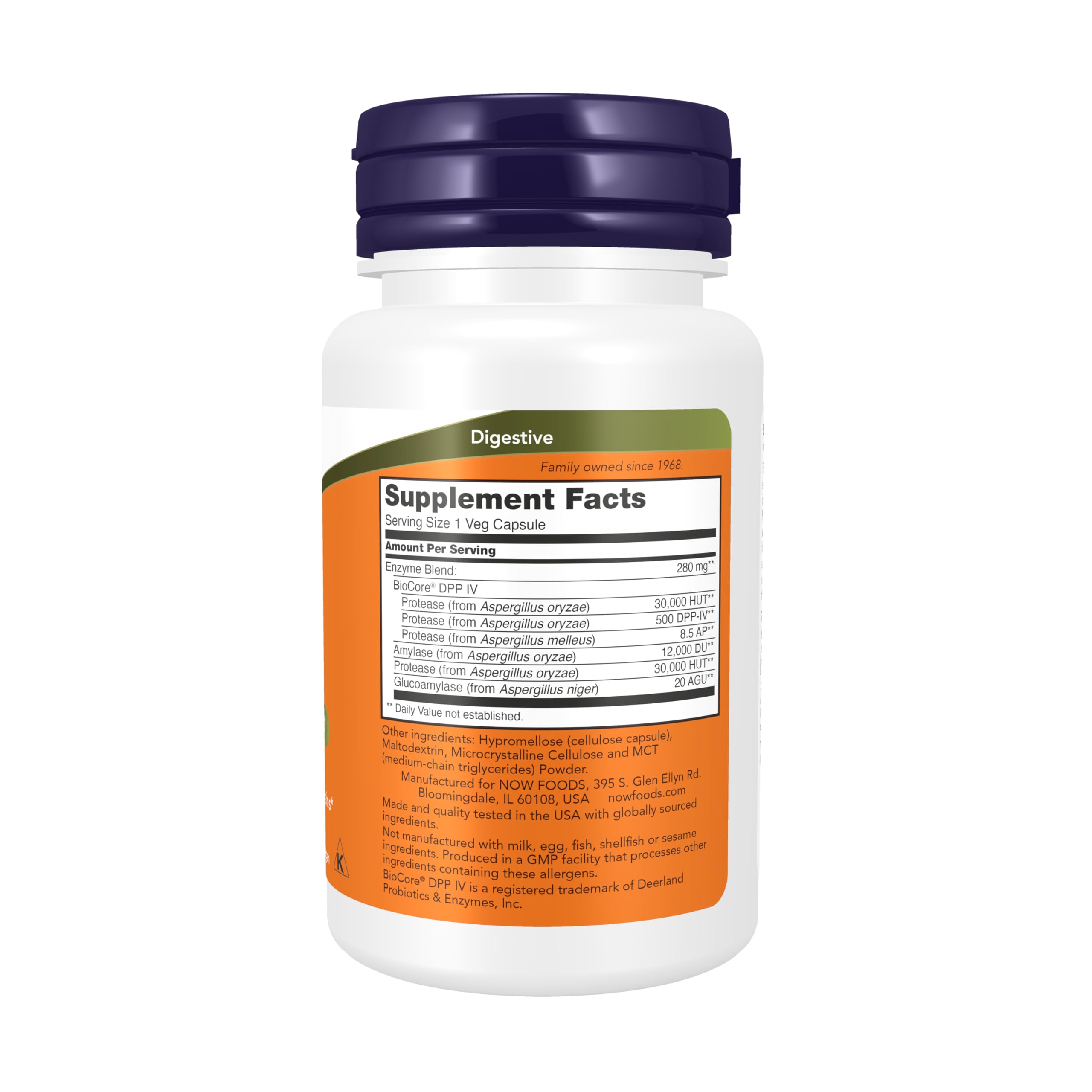 NOW Gluten Digest bottle and capsules on white background
