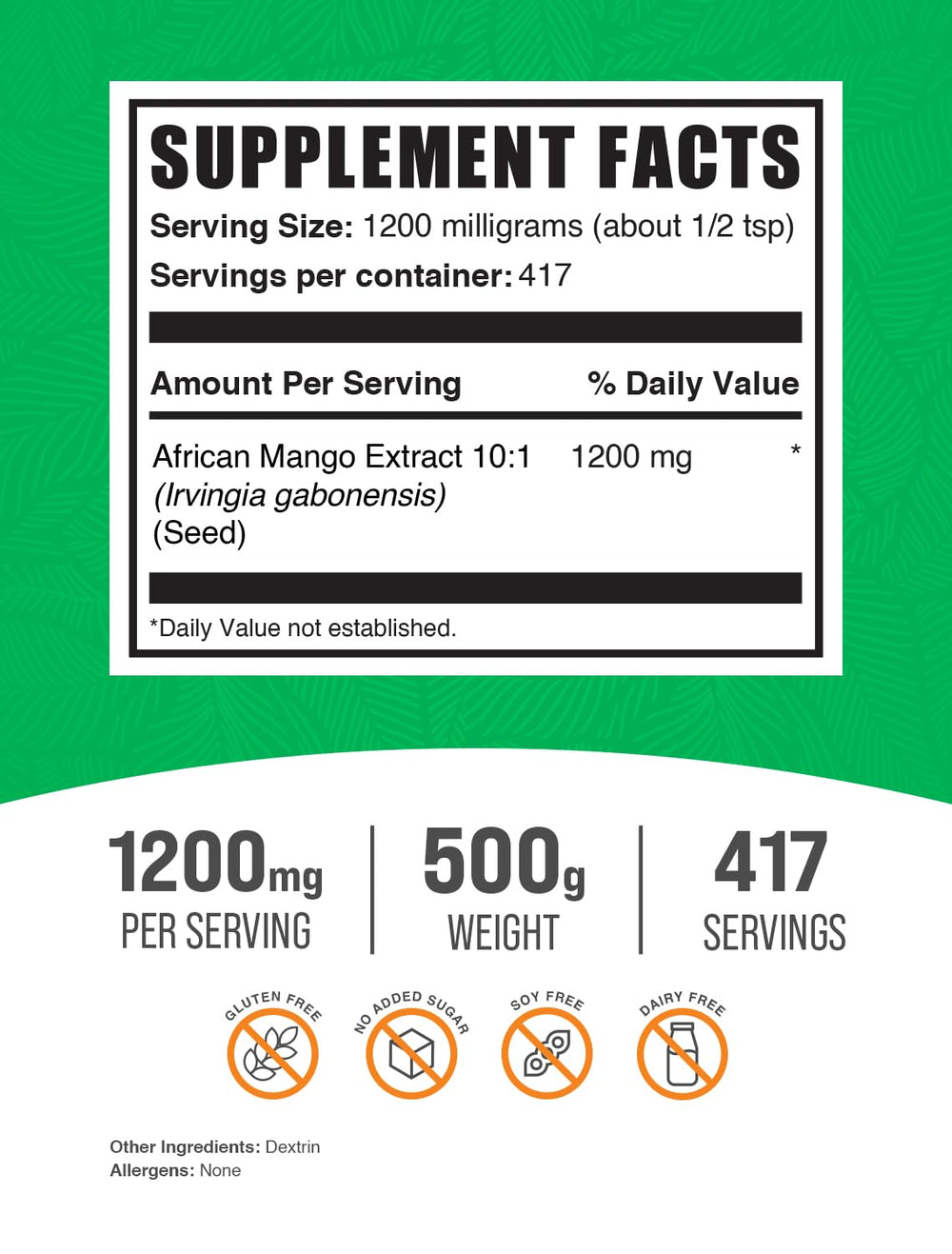 Gluten-free African Mango powder ingredients and label