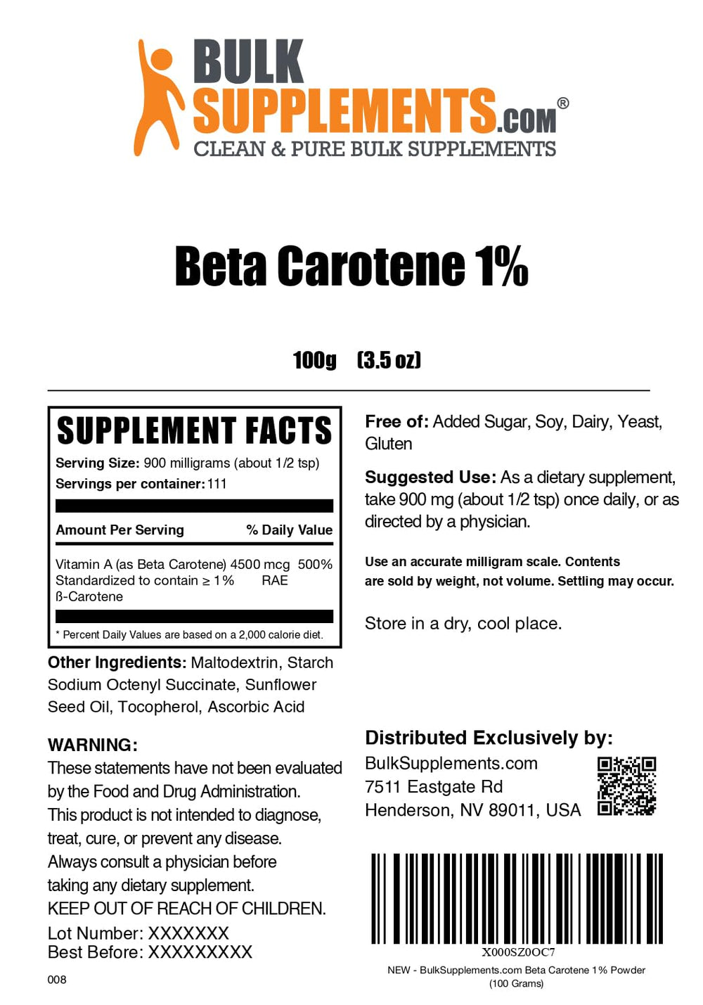 Gluten-free Beta Carotene powder packaging