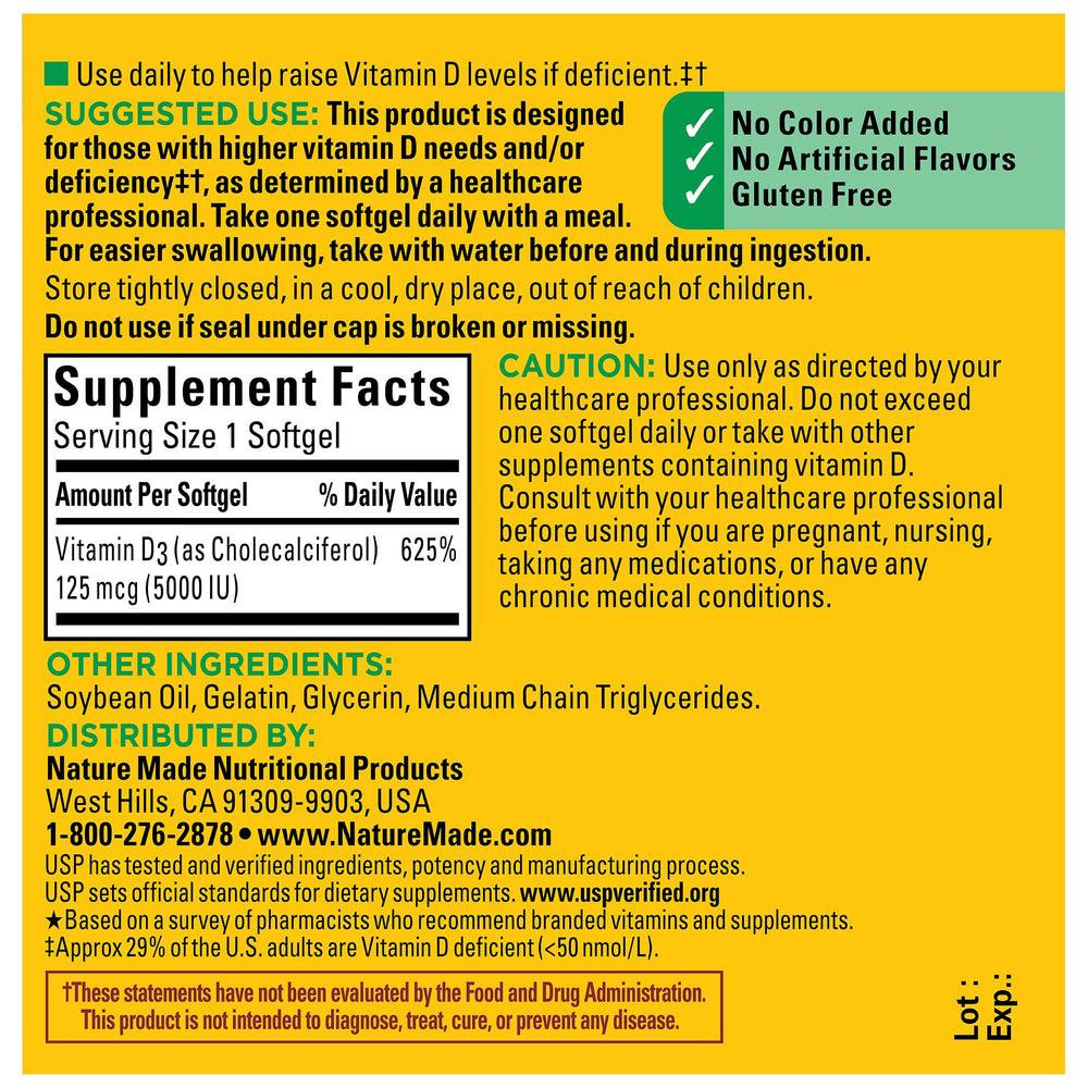 Gluten-free Vitamin D3 5000 IU softgels with no color added
