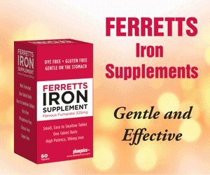 Label highlighting gluten-free, dye-free, allergen-free iron tablets