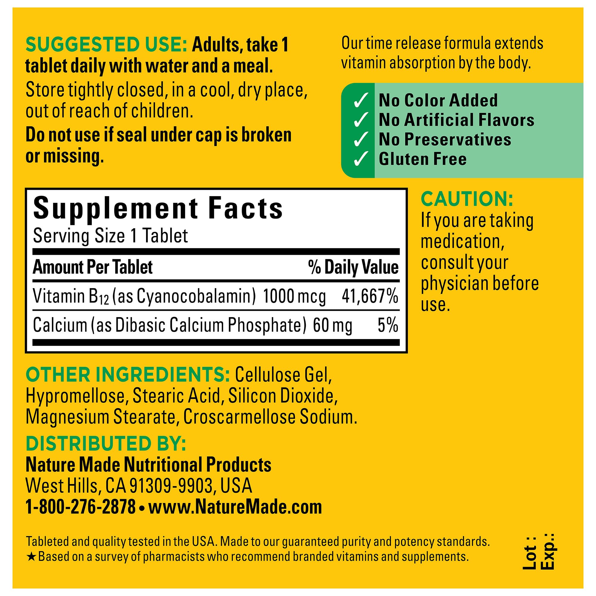 Gluten-free Nature Made Vitamin B12 1000 mcg tablets