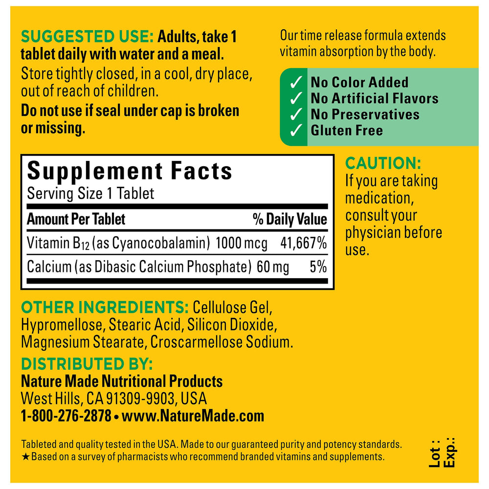 Gluten-free Nature Made Vitamin B12 1000 mcg tablets