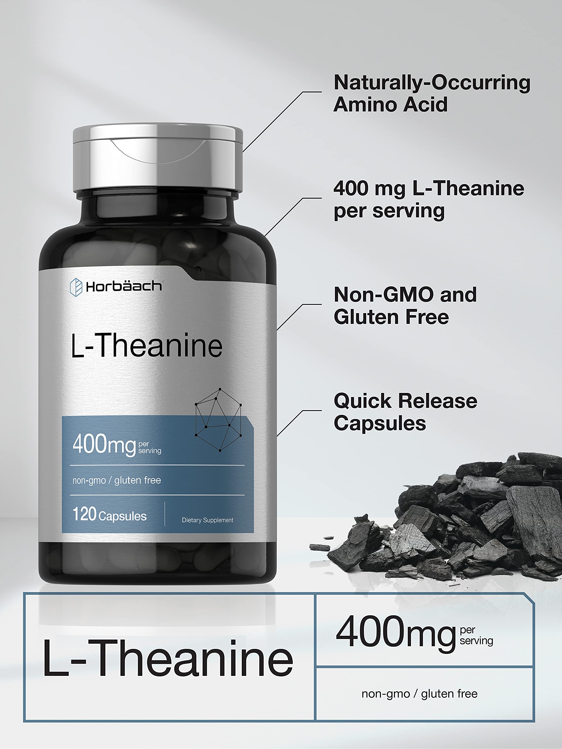 Gluten-free and non-GMO icons on Horbaach L-Theanine packaging