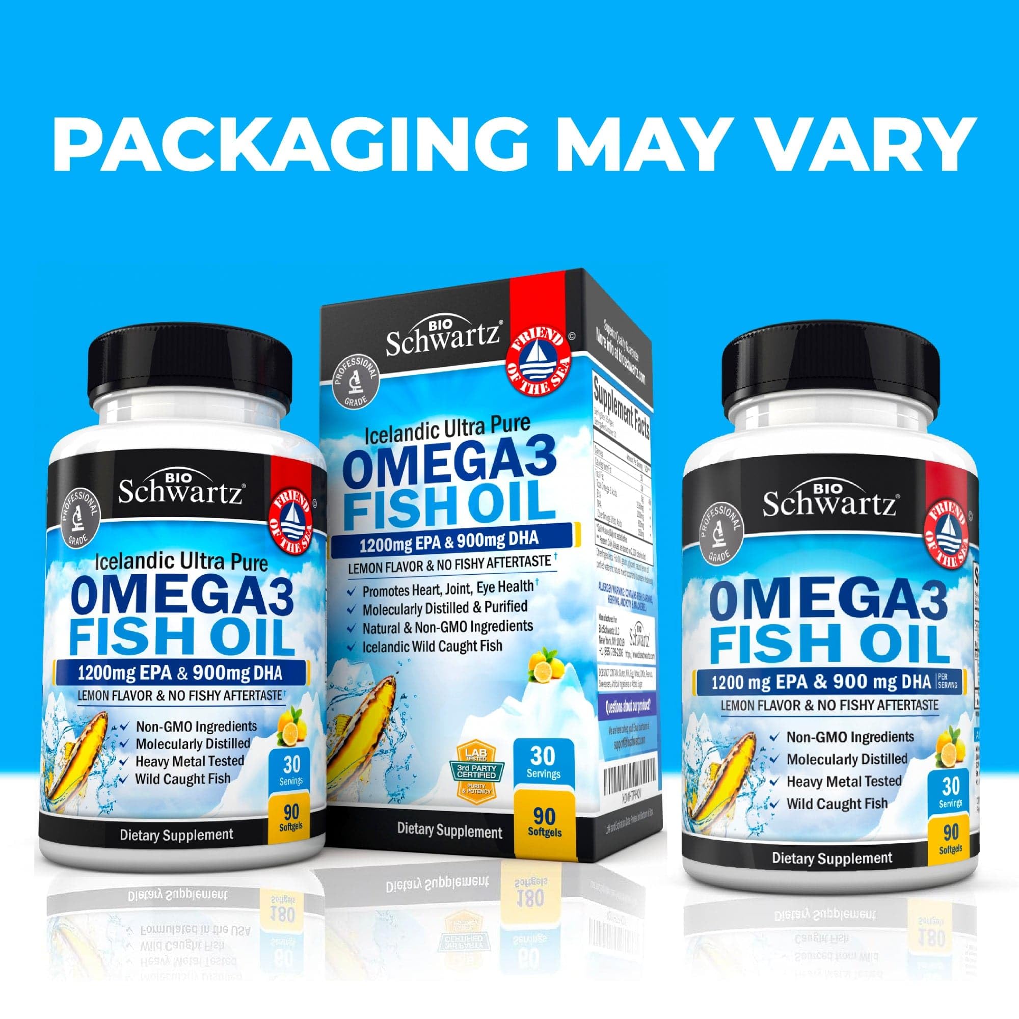 Gluten-free and non-GMO labeling on omega-3 bottle