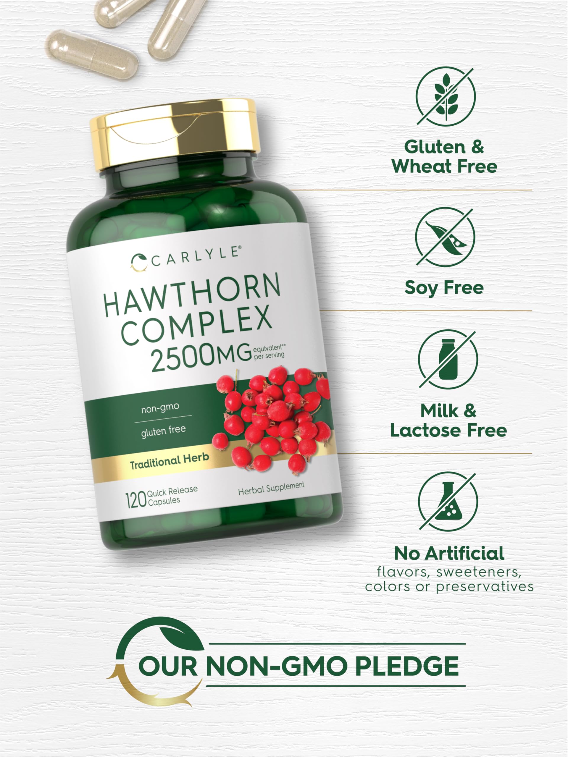 Gluten-free and Non-GMO claim on Carlyle Hawthorn Berry Complex packaging