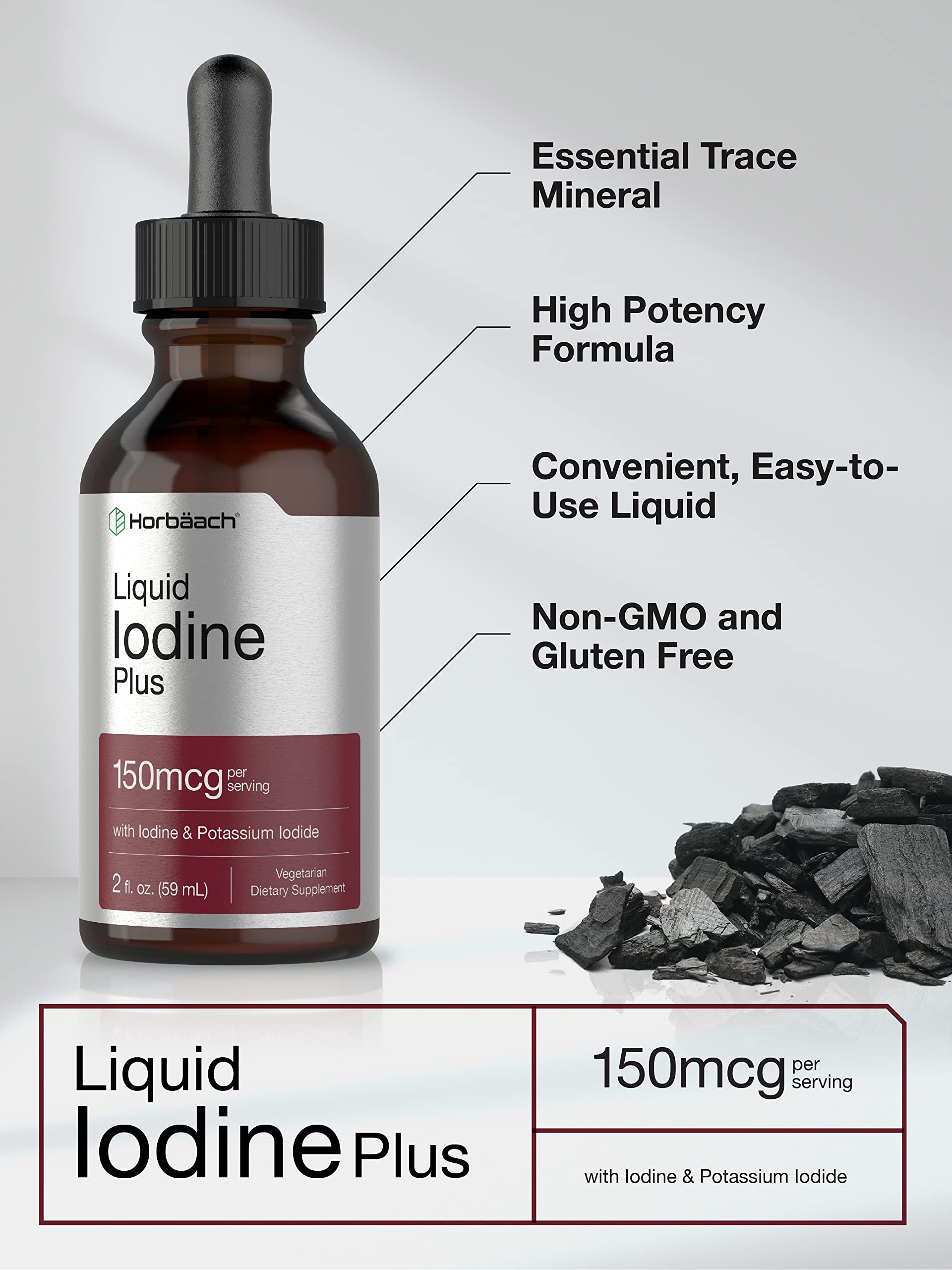 Gluten-free, Non-GMO vegetarian label on Horbäach iodine drops