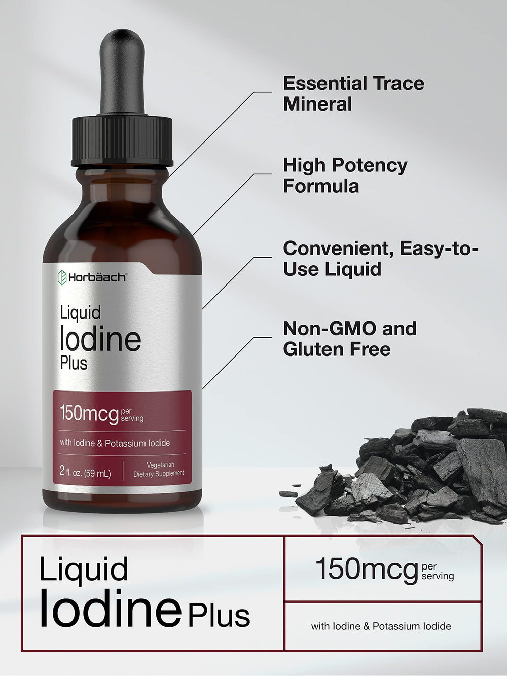 Gluten-free, Non-GMO vegetarian label on Horbäach iodine drops