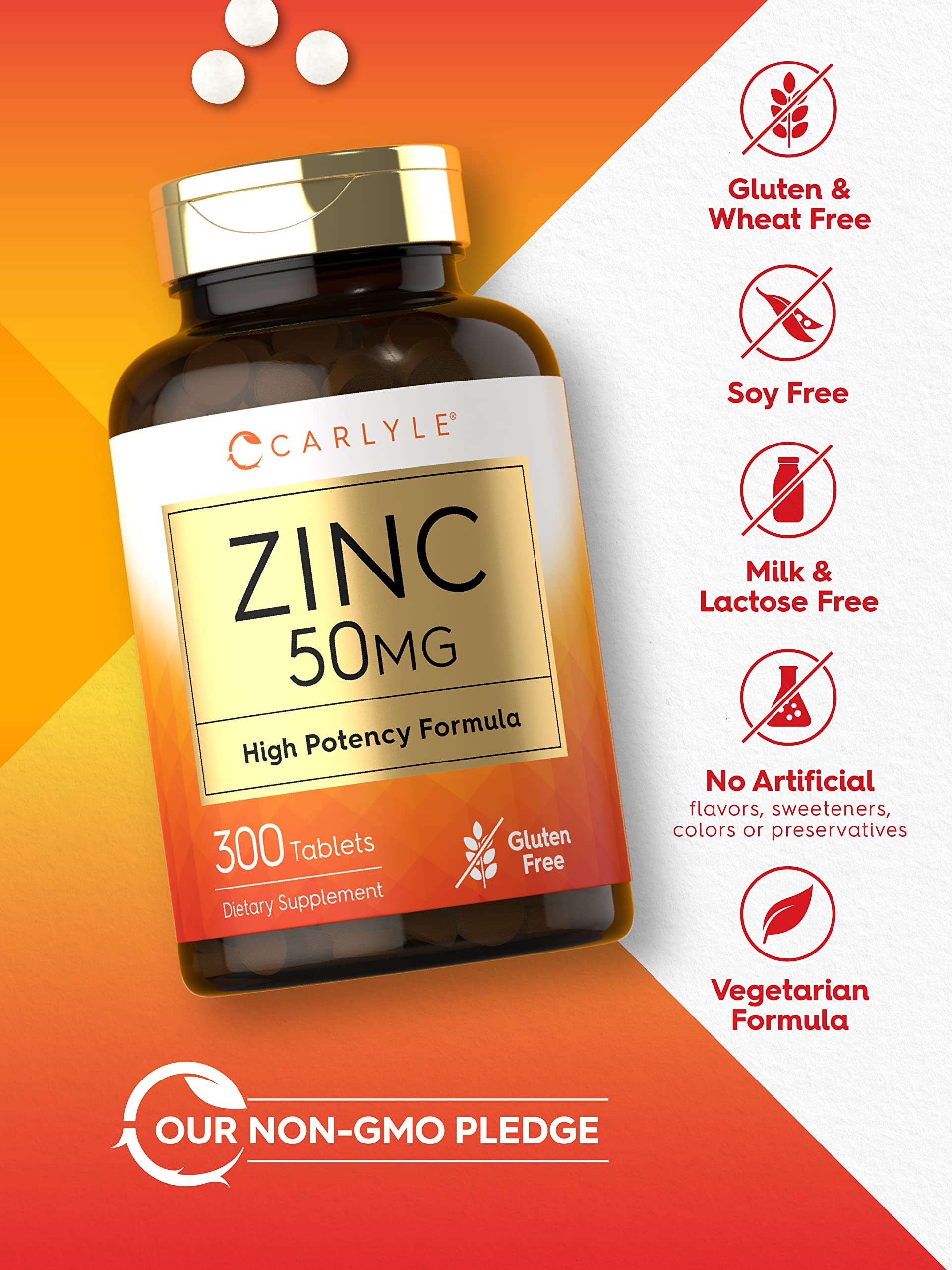 Gluten-free and non-GMO zinc 50mg label