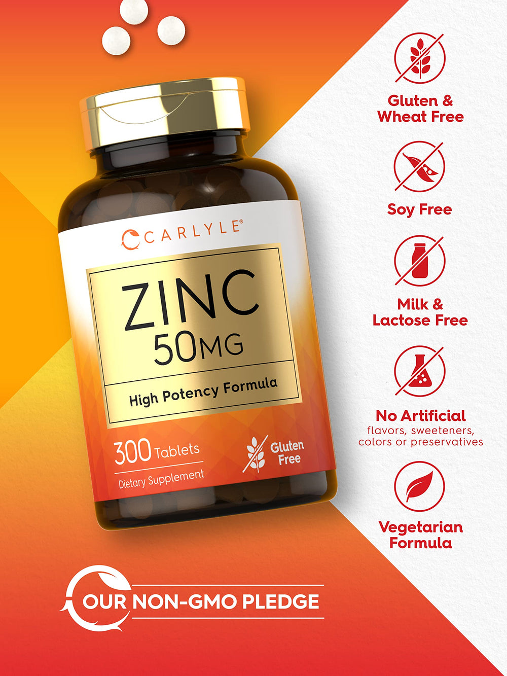 Gluten-free and non-GMO zinc 50mg label