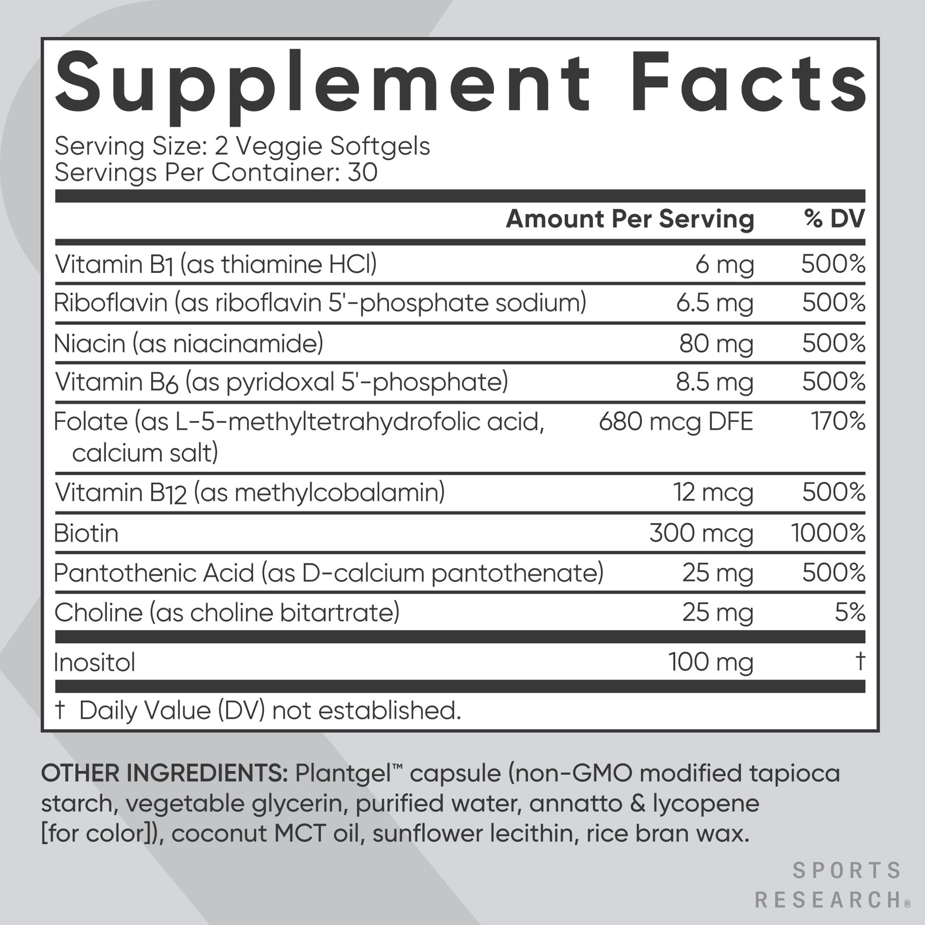 Vitamin B-Complex packaging highlighting gluten-free and soy-free formulation.