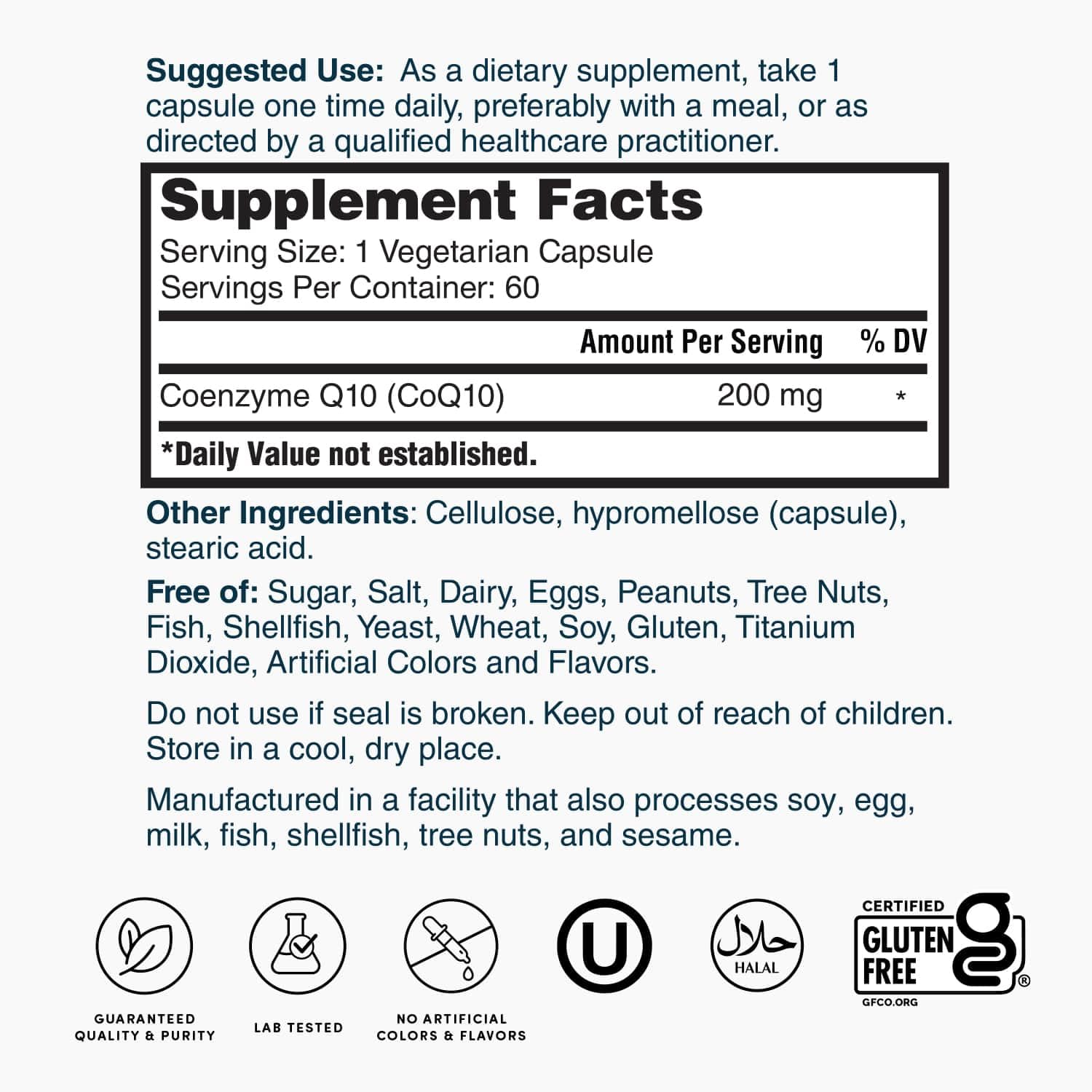 Label showing gluten-free, vegetarian, halal, and kosher certifications