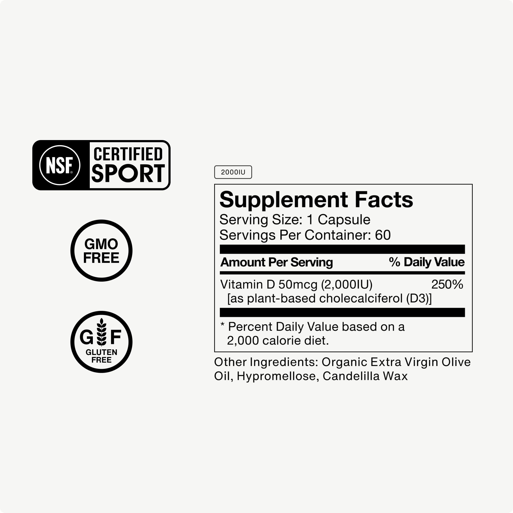 Gluten-free vitamin D3 supplement bottle
