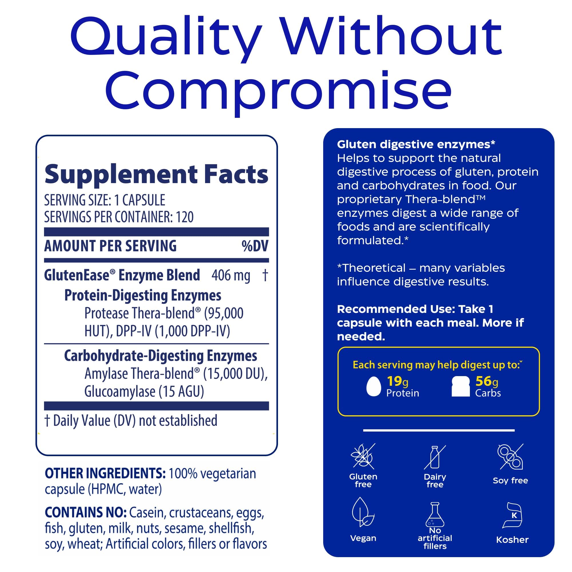 Vegan and kosher GlutenEase label and gluten-free status