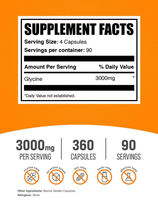 Gluten-free glycine capsules label with nutrition facts.