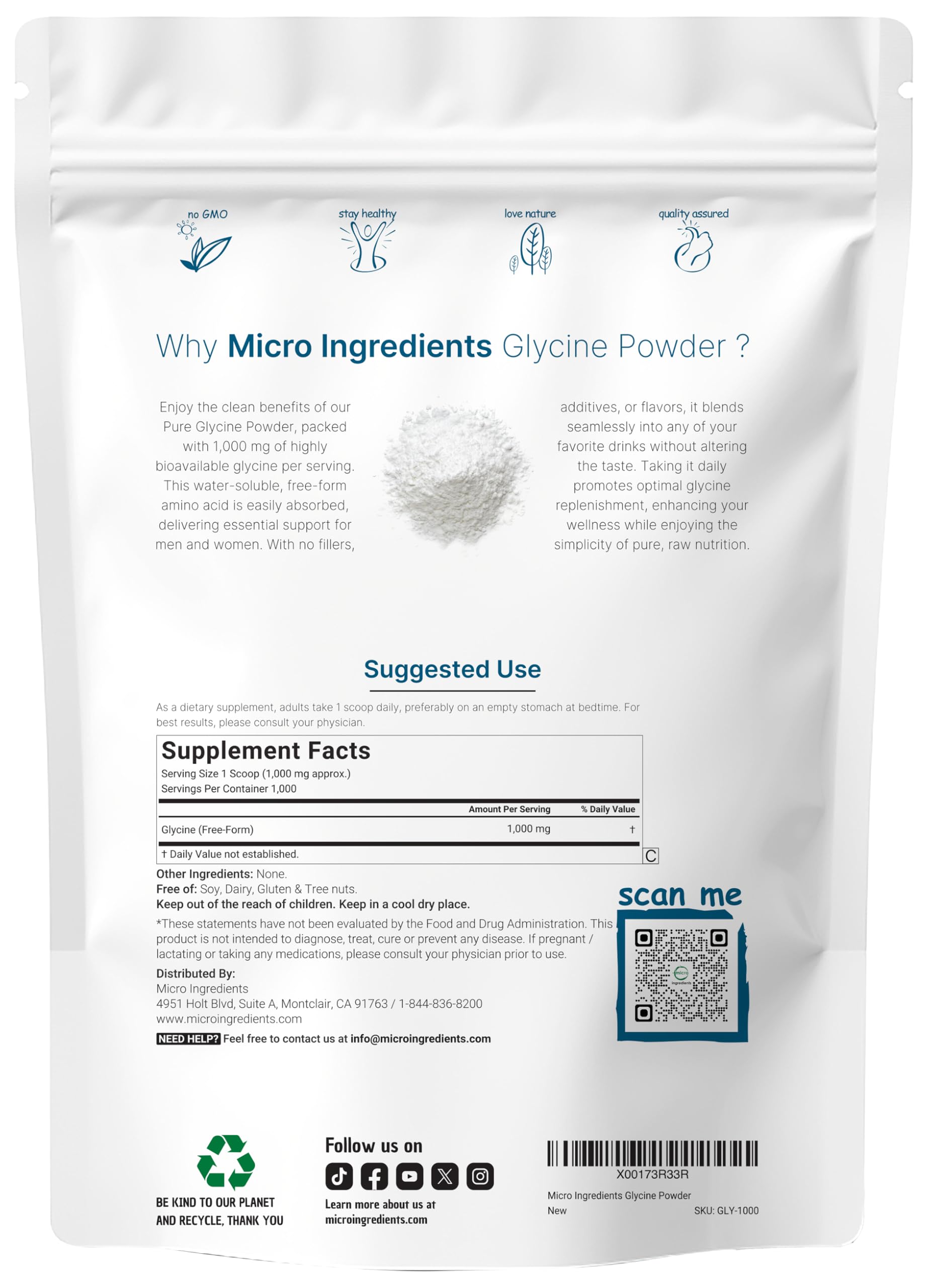 Glycine powder packaging USA made