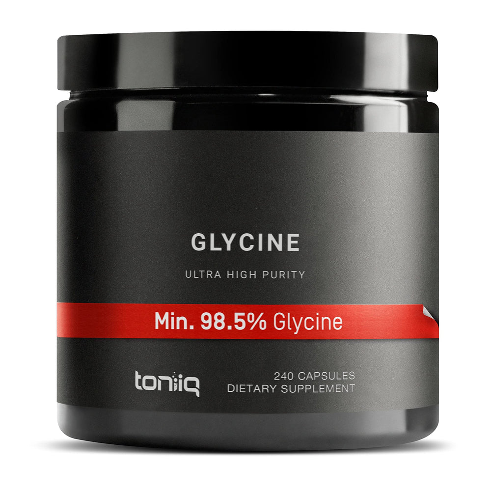 Toniiq Glycine 1300mg bottle with 240 vegetarian capsules, 120 servings
