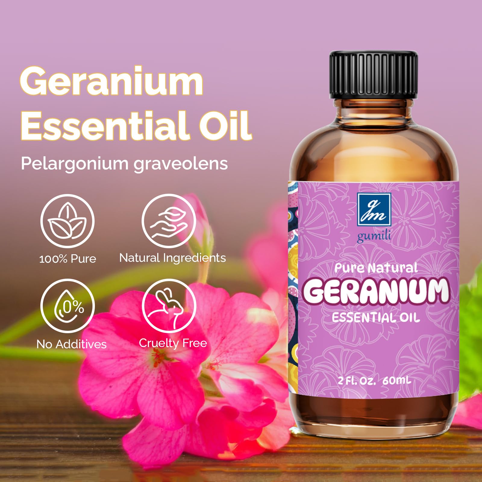 GM Gumili Geranium essential oil diffuser setup showcasing calming aroma