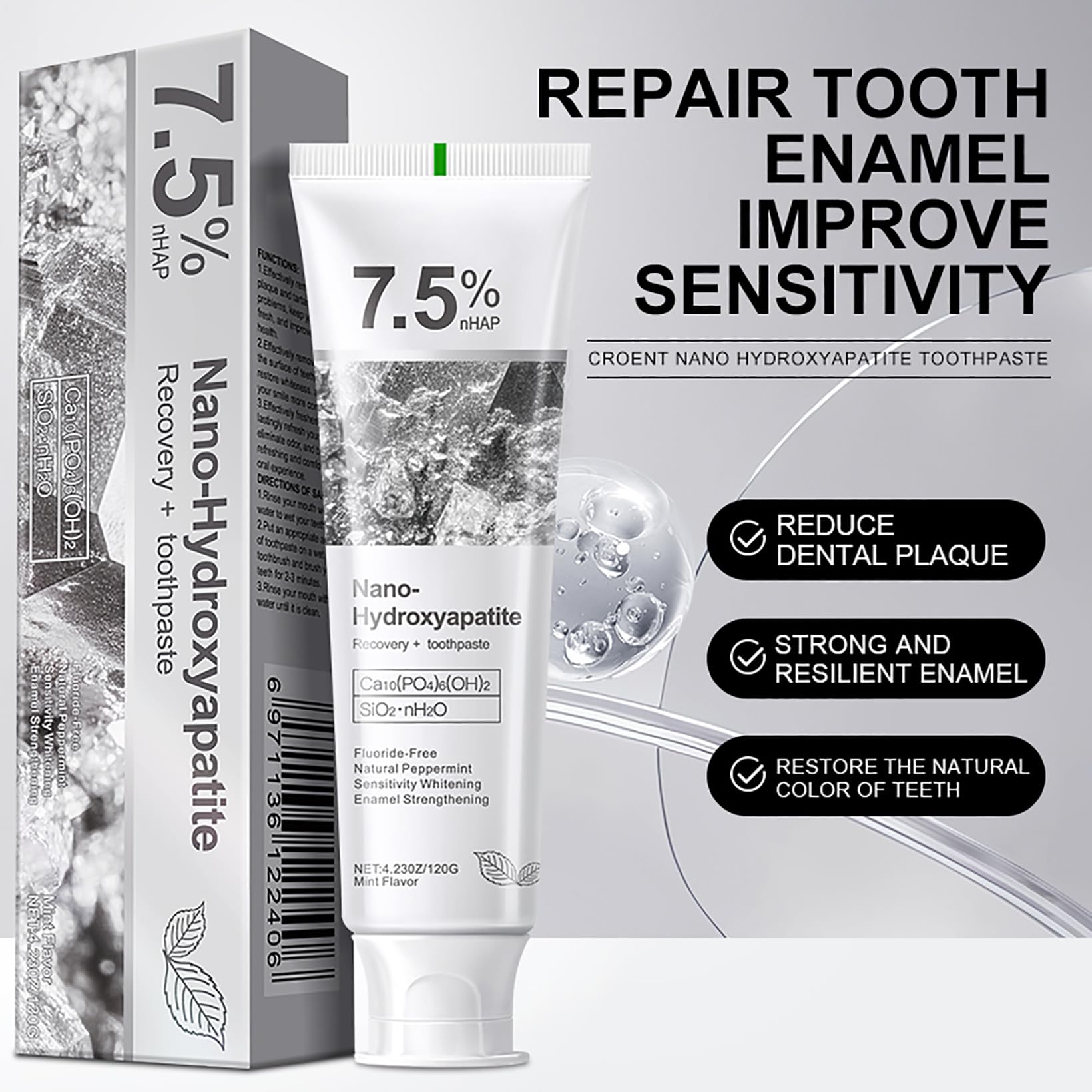 Close-up of GMaxit toothpaste showing 7.5% hydroxyapatite formula
