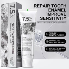 Close-up of GMaxit toothpaste showing 7.5% hydroxyapatite formula