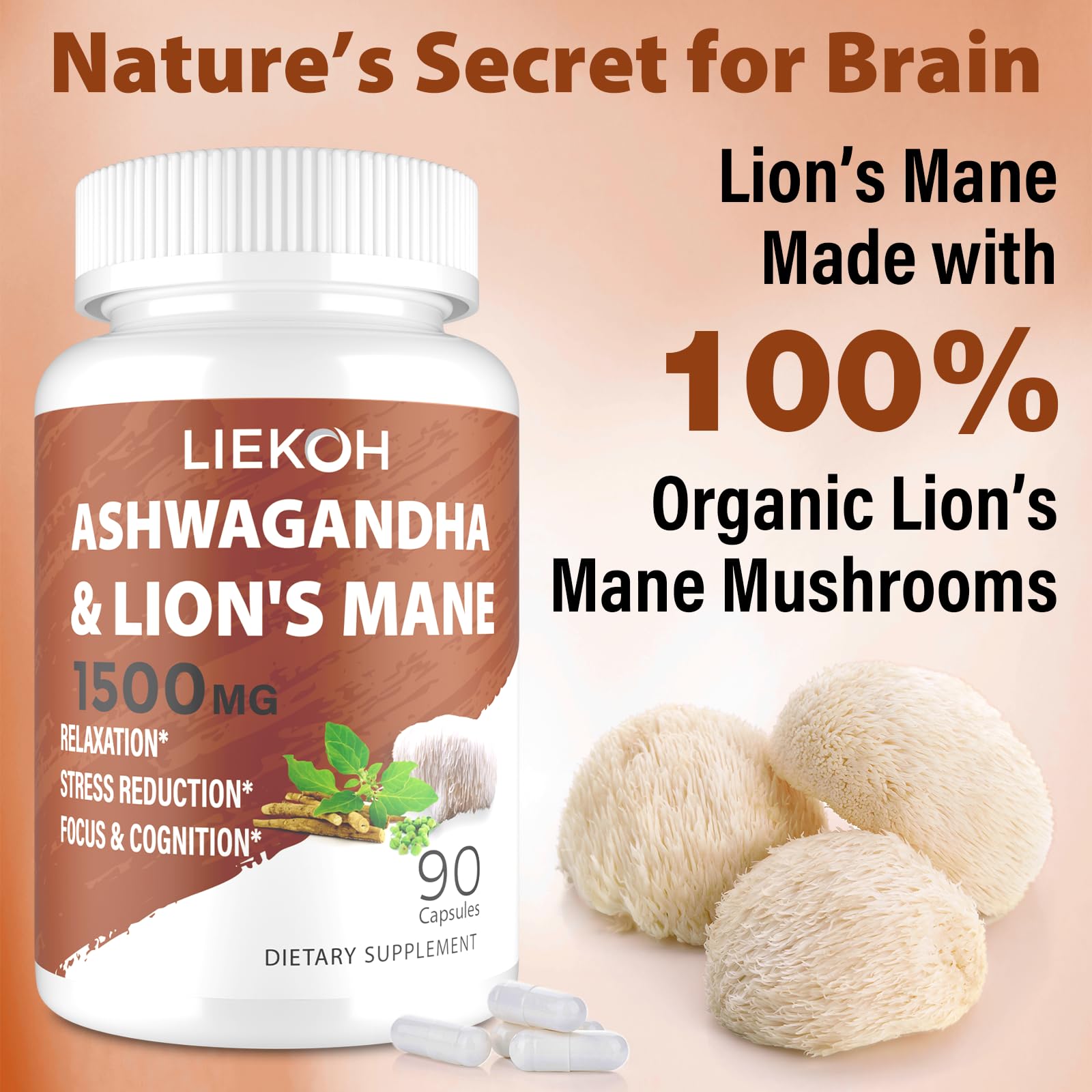 GMP-certified Ashwagandha and Lions Mane supplement