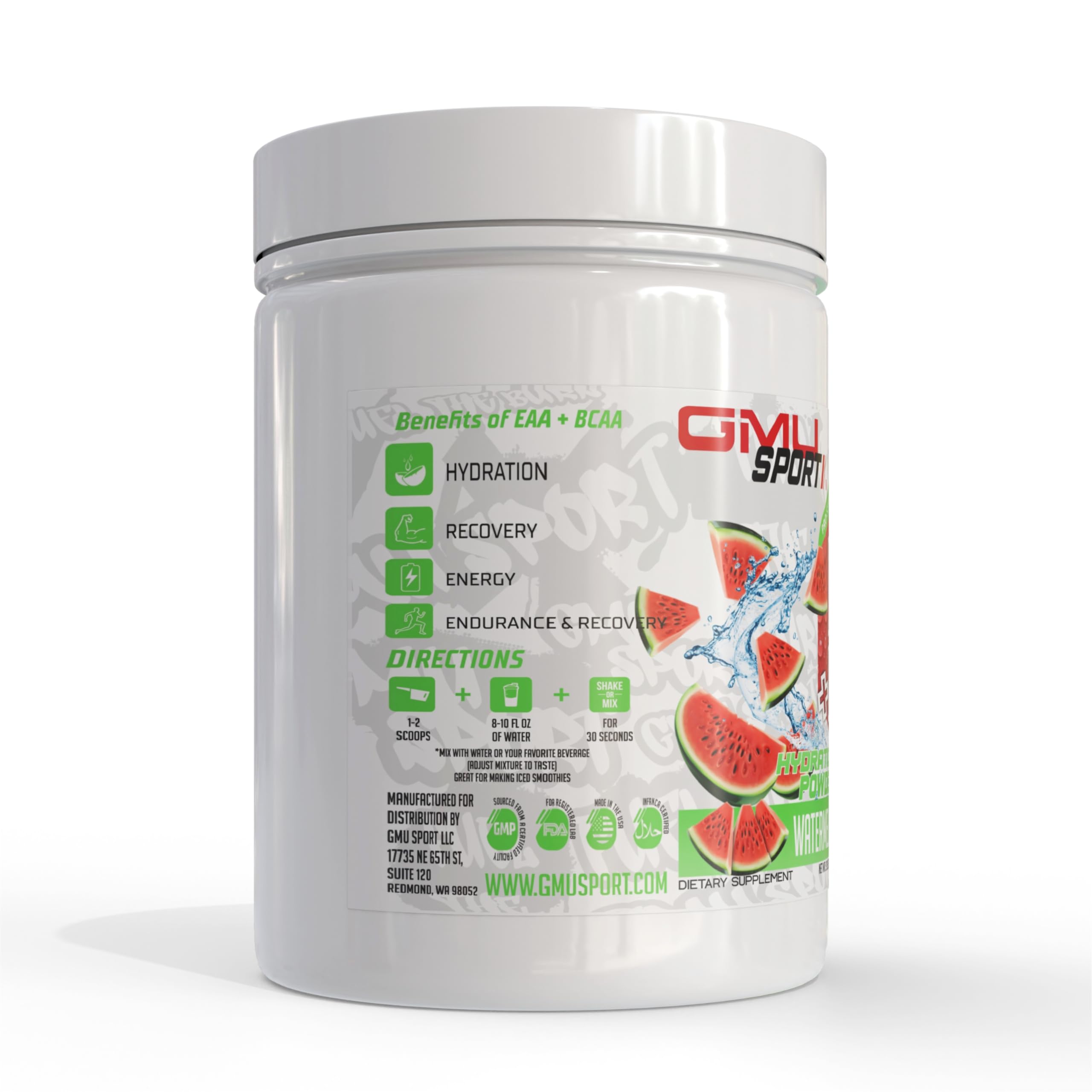 GMU Sport EAA + BCAA Powder ingredients and electrolyte infographic