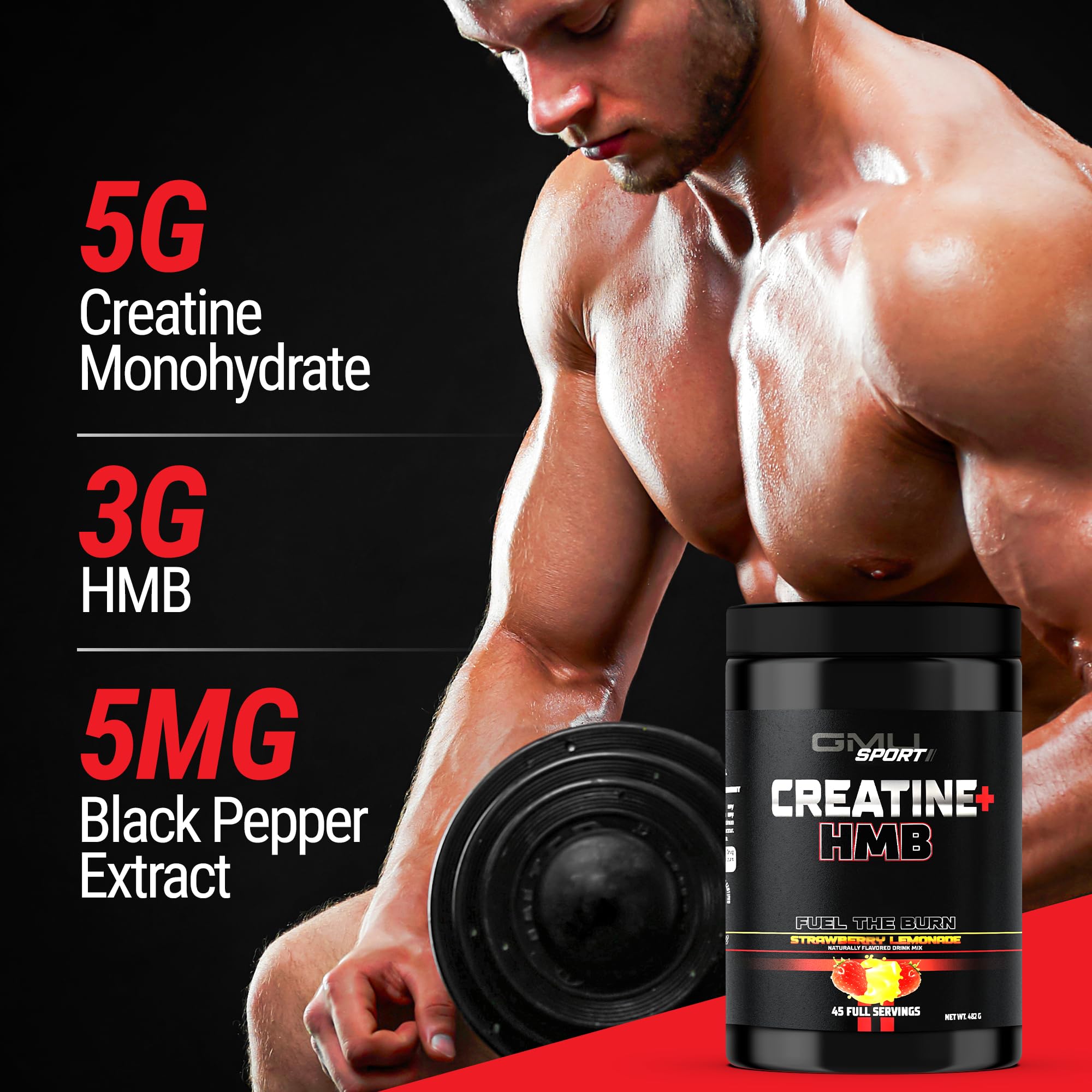 Nutrition panel showing 5g Creatine Monohydrate and 3g HMB per serving