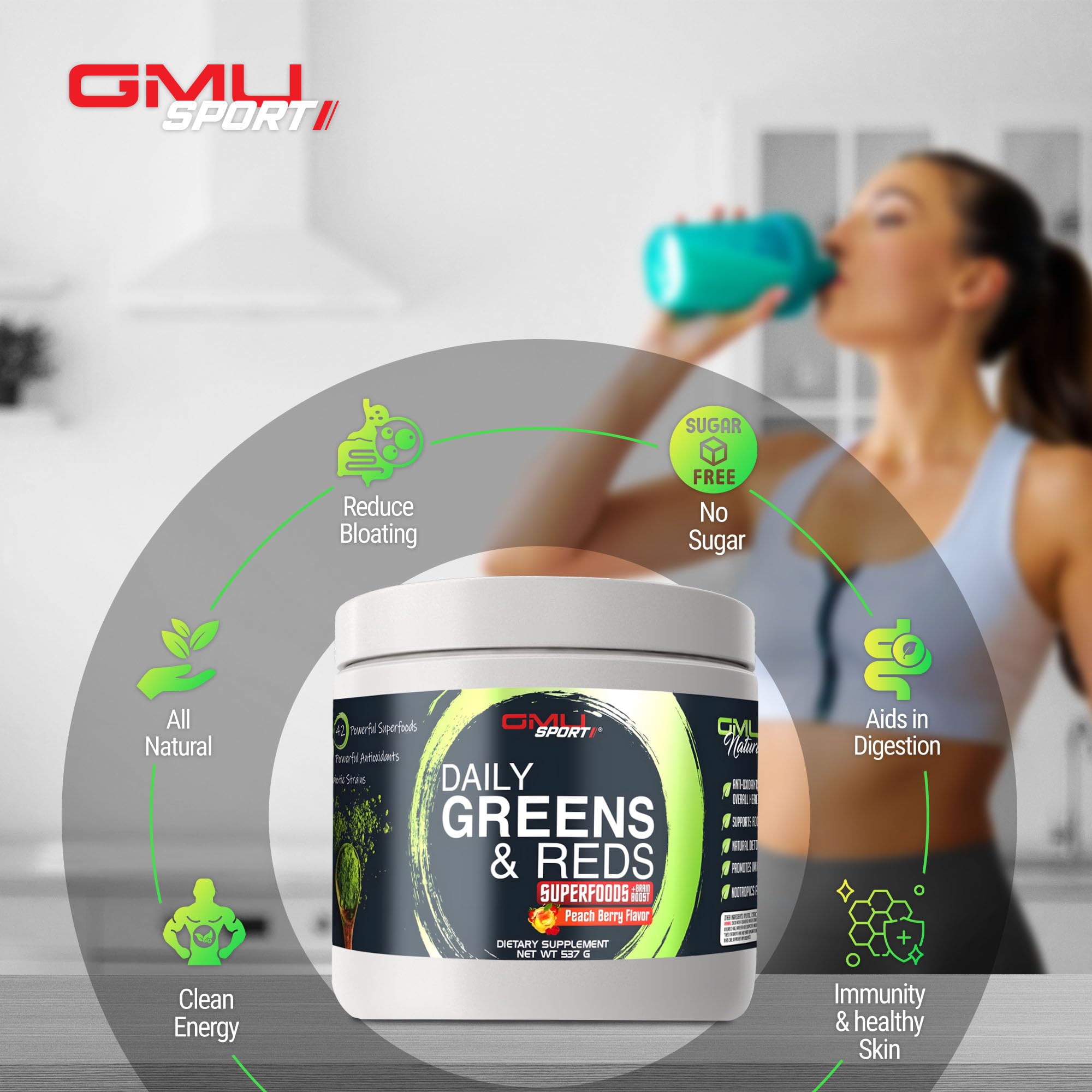 GMU SPORT Greens & Reds Peach Berry flavor logo