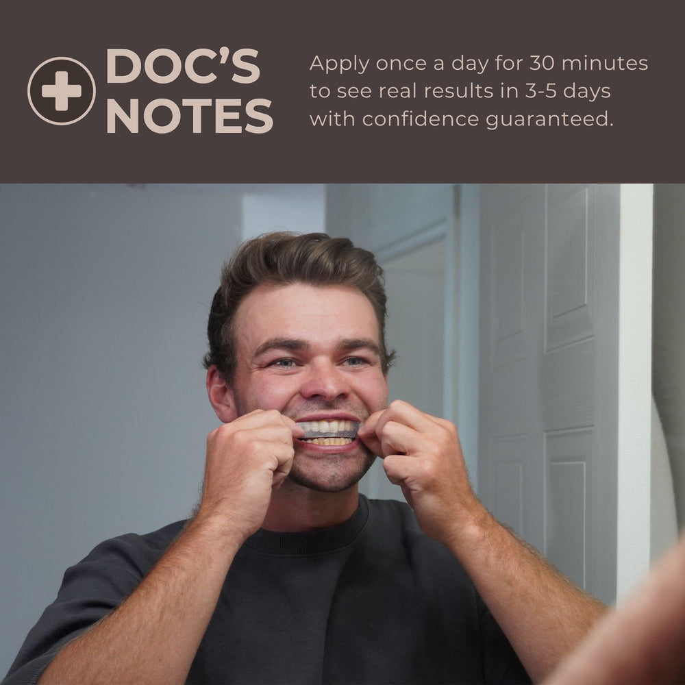 Whitening strip ready for application on a man's teeth