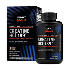 GNC AMP Creatine HCl 189 bottle front showing fast absorption and clean formula