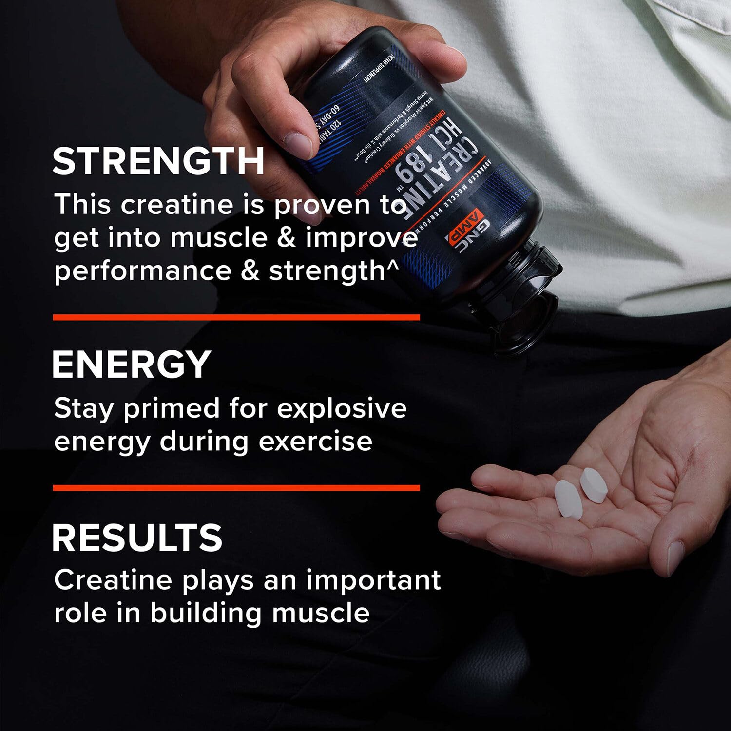 GNC AMP Creatine HCl 189 workout scene emphasizing energy focus