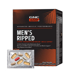 GNC AMP Men’s Ripped Vitapak bottle showing dosage and key benefits.