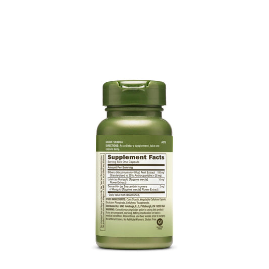 Close-up of bilberry extract capsules with label
