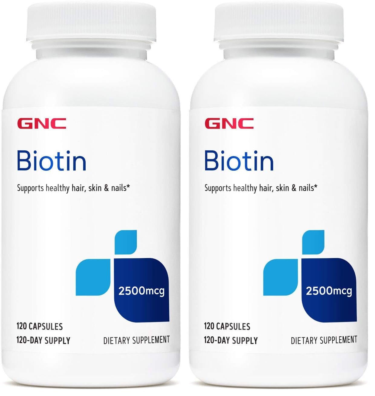 Two bottles of GNC Biotin 2500mcg supplement, 120 capsules each (pack of 2)